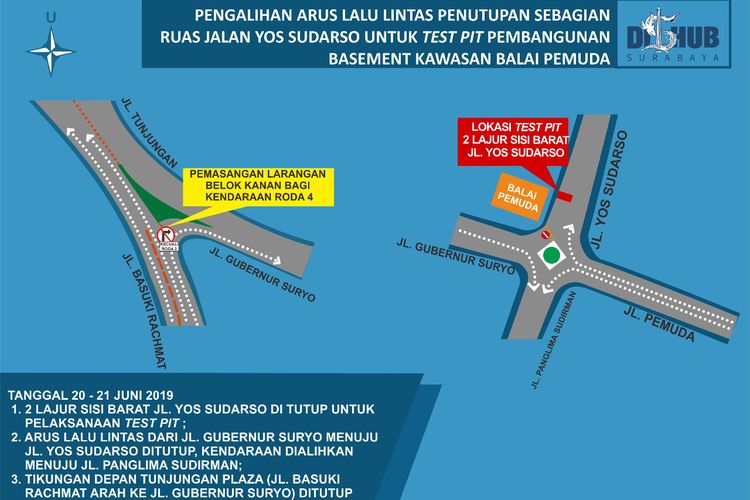 Pengalihan arus lalu lintas saat penutupan sementara Jalan Yos Sudarso selama empat hari pada 20-24 Juni  untuk tes PIT basement Alun-alun Surabaya.
