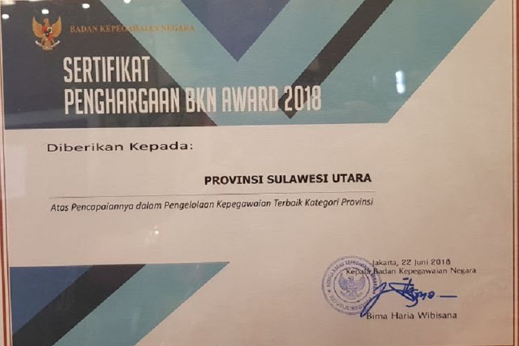 Pemerintah Provinsi Sulawesi Utara menerima BKN Award 2018