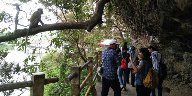 Pengunjung Gua Kreo Semarang tampak antusias dengan kehadiran kera-kera di sekitar tempat wisata, Rabu (03/05/2017).