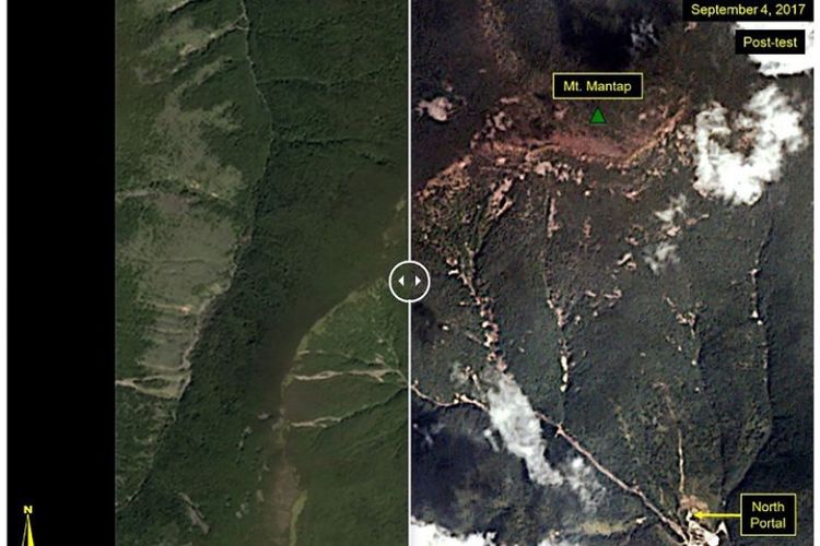 Gambar ini menunjukkan sebelum dan sesudah situs uji Punggye-ri, di mana pada 3 September 2017 dilakukan pengujian bom di bawah tanah. Gambar di sebelah kiri adalah sebelum dilakukan pengujian yang diperoleh pada 1 September 2017, sementara gambar setelah pengujian menunjukkan tanah longsor. (AFP/Planet/HO)