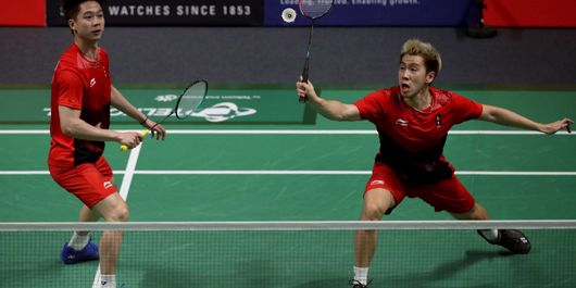 Ganda putra Indonesia, Marcus Fernaldi Gideon - Kevin Sanjaya Sukamuljo bertanding melawan ganda putra Indonesia, Fajar Alfian - Muhammad Rian Ardianto pada pertandingan final Asian Games 2018 di Istora Senayan, Jakarta, Selasa (28/8/2018). Mereka berhasil menyabet medali emas.