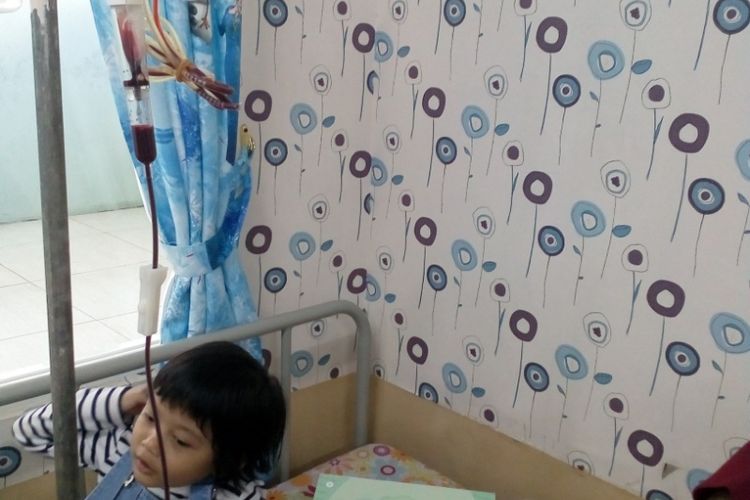 Transfusi darah menjadi kebutuhan utama para penyandang talasemia untuk dapat bertahan hidup. Seorang anak penderita talasemia sedang menjalani perawatan di RS TNI AD Guntur, Garut.
