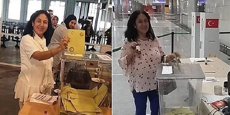 Foto perempuan yang kedapatan menggunakan hak pilihnya dua kali saat pemilu bagi diaspora Turki 7-19 Juni lalu.