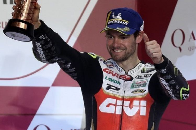 Pebalap LCR Honda Castrol, Cal Crutchlow, merayakan keberhasilannya naik podium pada MotoGP Qatar 2019 di Sirkuit Losail, 10 Maret 2019. 