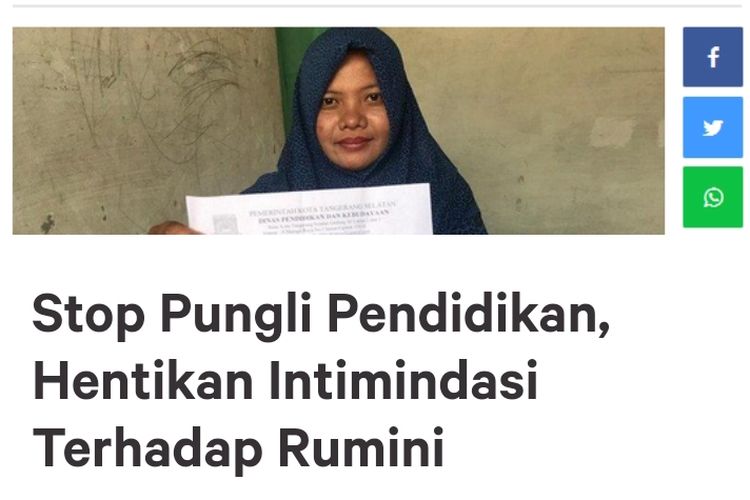 Petisi online dukung Rumini ungkap pungli di Tangerang Selatan muncul di Change.org.