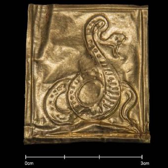 Salah satu lempeng emas dalam peti mati kuno dari zaman Firaun menunjukkan gambar ular.
