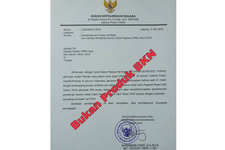 Surat palsu tentang tahapan seleksi CPNS 2018 yang mengatasnamakan BKN