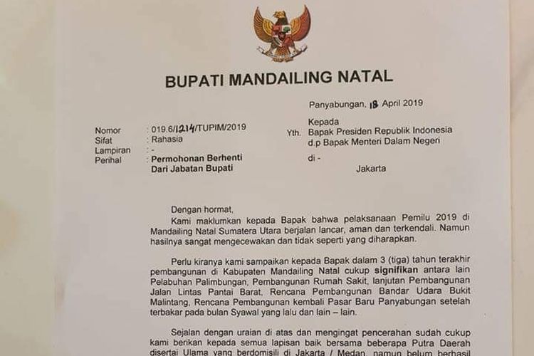 Surat permohonan pengunduran diri Bupati Mandailing Natal Dahlan Nasution(istimewa)