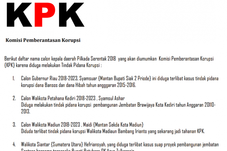 Screenshot salah satu dokumen pdf yang memuat 18 nama calon kepala daerah yang diduga melakukan tindak pidana korupsi. Juru Bicara KPK Febri Diansyah menuturkan, dokumen tersebut hoaks.