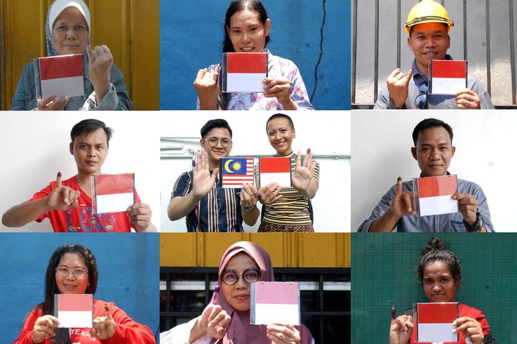 Foto kombo sejumlah warga negara Indonesia menunjukkan jarinya yang telah dicelupkan tinta usai menggunakan hak suaranya di KBRI, Kuala Lumpur, Malaysia, Minggu (14/4/2019). Wakil Duta Besar Indonesia untuk Malaysia Krishnan K.U Hannan mengatakan sebanyak 80 sehingga 90 persen dari 1,5 juta WNI di seluruh Malaysia mengikuti Pemilu serentak 2019 lebih awal dari 17 April 2019 mendatang di Indonesia.  *** Local Caption *** PEMILU 2019 DI KUALA LUMPUR MALAYSIA