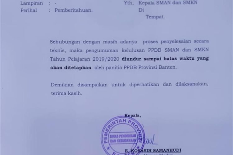 Surat edaran dari Dinas Pendidikan dan Kebudayaan Provinsi Banten mengenai penundaan pengumuman hasil PPDB SMA/SMK