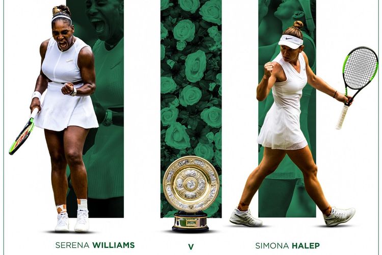 Serena Williams dan Simona Halep akan berhadapan pada final Wimbledon 2019, 13 Juli 2019. 