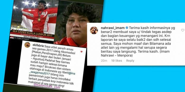 Atlet tolak peluru, Eki Febri Ekawati melalui akun instagram pribadinya, @ekifebrie mengaku belum menerima jatah uang akomodasi sejak Januari-Agustus. Uang akomodasi ini di antaranya berupa uang makan dan penginapan.