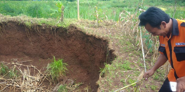 Petugas BPBD Gunung Kidul melakukan pemantauan di lokasi tanah ambles di Kecamatan Ponjong.