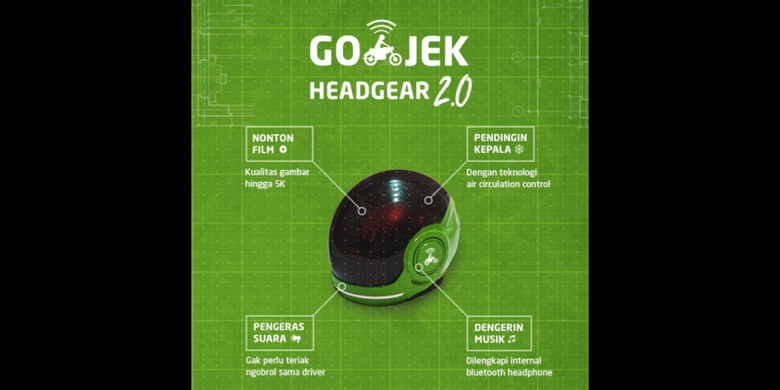 Gambar berisi informasi lelucon mengenai helm berteknologi canggih yang diunggah akun facebook Gojek Indonesia untuk memeriahkan April Mop pada Minggu (1/4/2018).