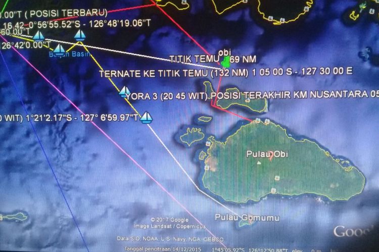 Peta pencarian kapal nelayan KM Yora 03 yang hilang di perairan Maluku sejak Jumat pekan lalu Foto BPBD Maluku