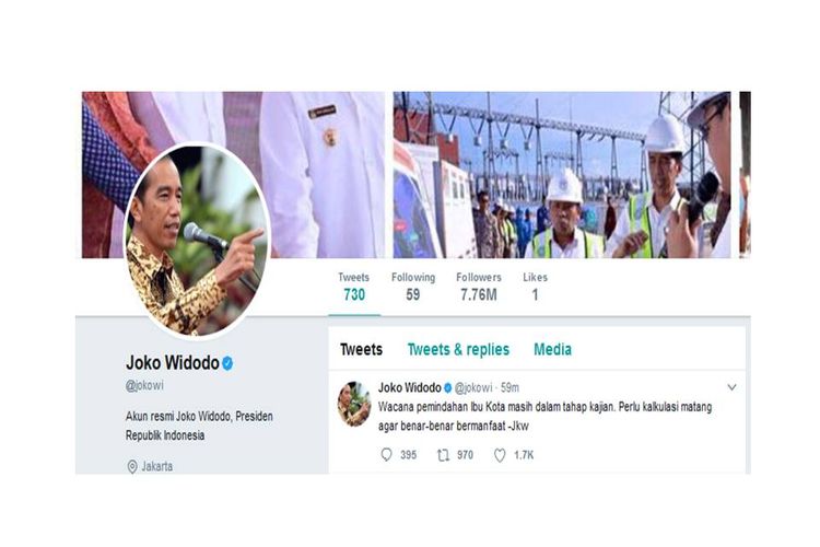 Melalui akun Twitter-nya, @jokowi, Presiden Joko Widodo angkat bicara soal wacana pemindahan ibu kota.