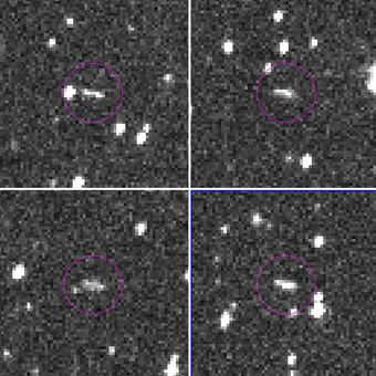 Asteroid 2018 LA pertama kali ditangkap teleskop reflektor 1,5 meter yang dilengkapi kamera CCD 10K oleh Catalina Sky Survey. Asteroid nampak sebagai garis dalam lingkaran berwarna ungu. Titik-titik putih adalah bintang-bintang latar belakang. 