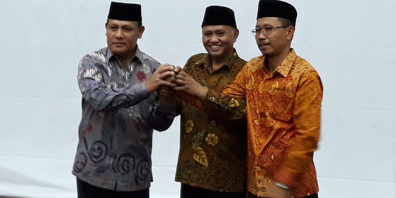Deputi Penindakan Brigjen (Pol) Firli, Ketua KPK Agus Rahardjo dan Direktur Penuntutan Supardi di Gedung KPK Jakarta, Jumat (6/4/2018).