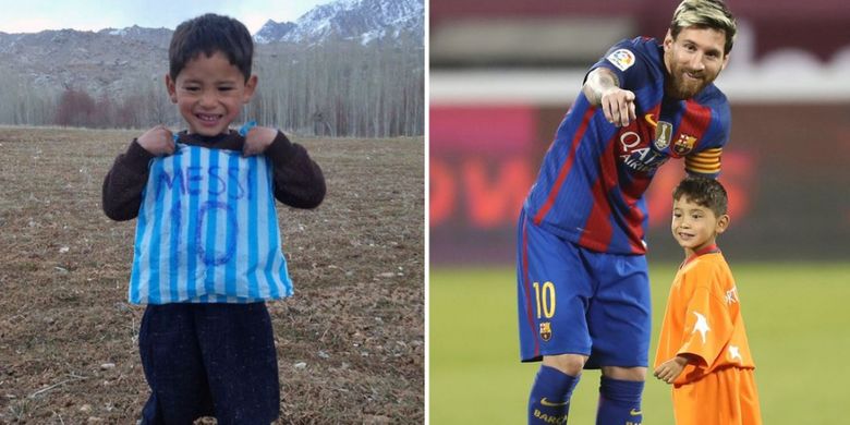 Murtaza Ahmadi, bocah asal Afghanistan yang menjadi viral karena mengenakan jersey dengan nama dan nomor punggung Lionel Messi dari kantong plastik (kiri). Foto kanan ketika Murtaza bertemu dengan sang idola di Doha, Qatar.
