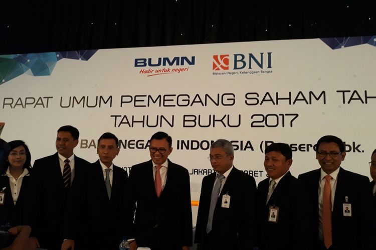 Konferensi pers RUPS Tahunan PT Bank Negara Indonesia (Persero) Tbk di Jakarta, Selasa (20/3/2018).