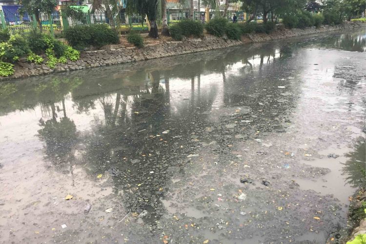 Kondisi Kali Krendang yang berada di Jakarta Barat tampak berwarna hitam. Berbagai jenis  sampah seperti plastik, bungkus makanan, botol minuman juga tampak menumpuk di bawah salah satu jembatan penyeberangan yang dilewati aliran tersebut. Tampak pula endapan lumpur di dasar kali yang menjadi batas antara Kelurahan Krendang dan Keluraham Jembatan Lima. Kotoran-kotoran berwarna hitam yang berasal dari dedaunan  juga terlihat mengapung dan mengalir dari hulu kali ke hilir, Rabu (25/7/2018) 