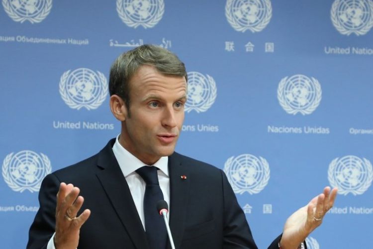 Presiden Perancis Emmanuel Macron membahas konferensi pers, usai pidatonya sebelum sesi ke-73 Majelis Umum di PBB, pada Selasa (25/9/2018) di New York, Amerika Serikat. (AFP/Ludovic Marin)