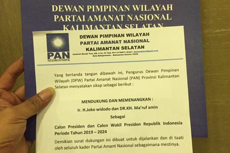 Dewan Pimpinan Wilayah (DPW) Partai Amanat Nasional (PAN) Kalimantan Selatan mendeklarasikan dukungan kepada pasangan calon presiden dan wakil presiden nomor urut 01, Joko Widodo dan Maruf Amin. 