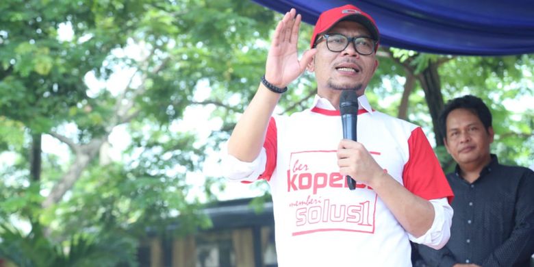 Menteri Tenaga Kerja M. Hanif Dhakiri saat memberikan sambutan Tour Akbar Koperasi Karyawan (Kopkar) PT Muara Tunggal (kabupaten Sukabumi) di Jakarta Utara, Sabtu (9/3/2019).