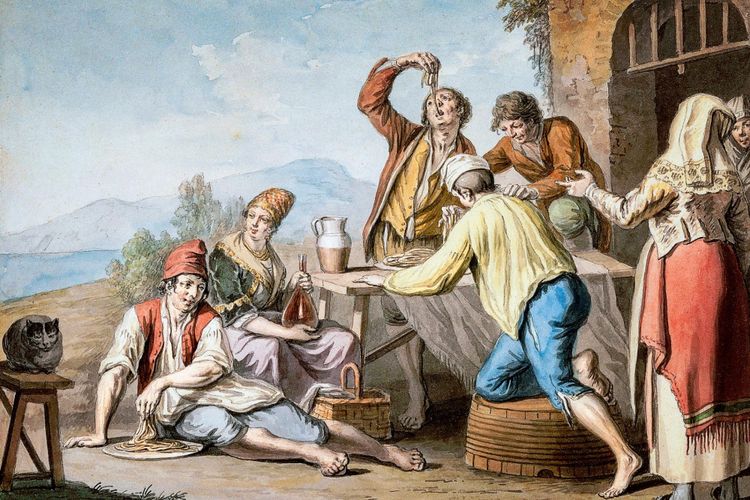 Lukisan Saverio della Gatta?s di tahun 1800-an menggambarkan sekelompok pengemis yang dijuluki pemakan makaroni di Kota Napoli, Italia.