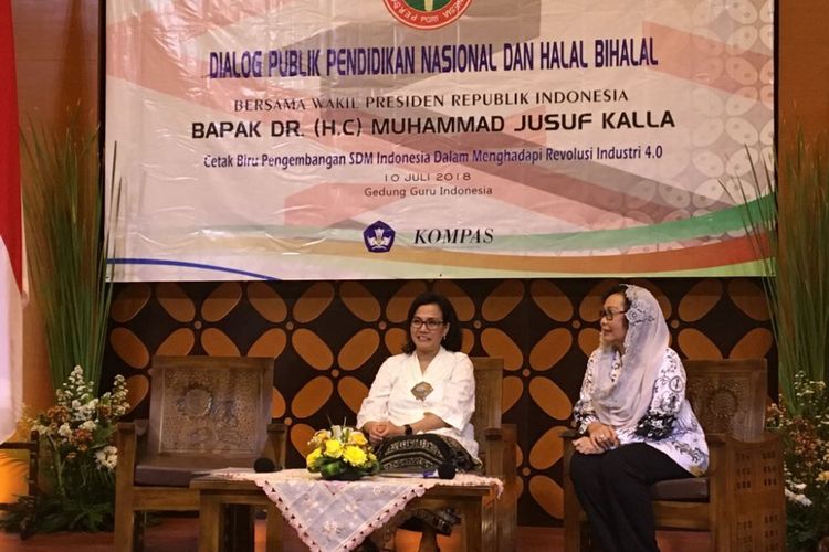 Menteri Keuangan Sri Mulyani Indrawati saat berpidato dalam acara yang digelar pengurus besar Persatuan Guru Republik Indonesia (PGRI), Selasa (10/7/2018) pagi.