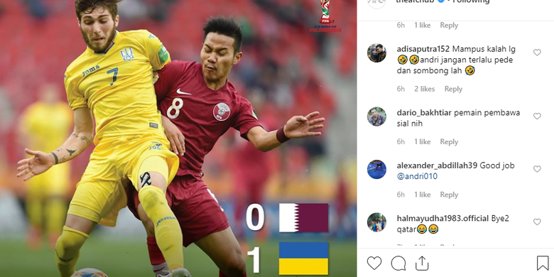Andi Syahputra (merah nomor 8) saat memperkuat timnas U-20 Qatar menghadapi Ukraina di babak penyisihan Grup D Piala Dunia U-20 di Polandia. 