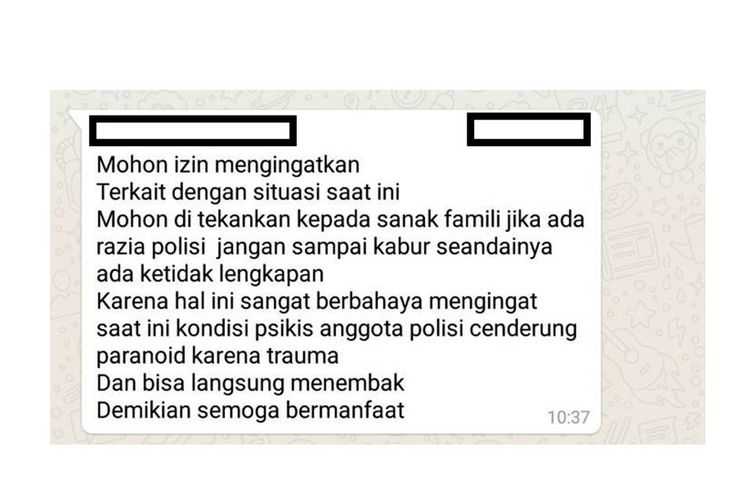 Pesan berantai hoaks yang menyebar di grup-grup percakapan.