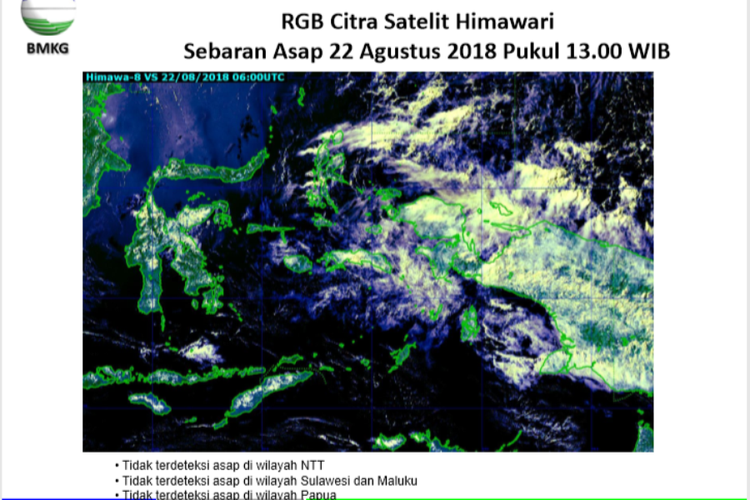 RGB citra satelit Himawari sebaran asap 22 Agustus 2018 di wilayah NTT, Sulawesi dan Maluku, juga Papua pukul 13.00 WIB.