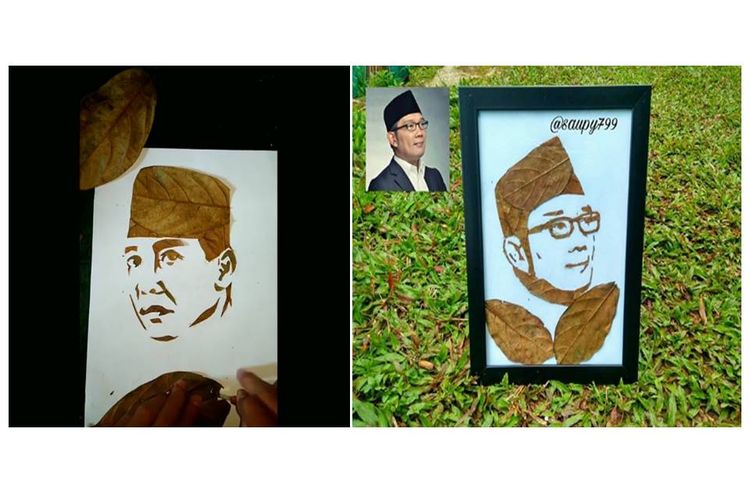 Lukisan daun bergambar wajah Soekarno dan Ridwan Kamil karya pemuda asal Tasikmalaya, Asep Saupy.