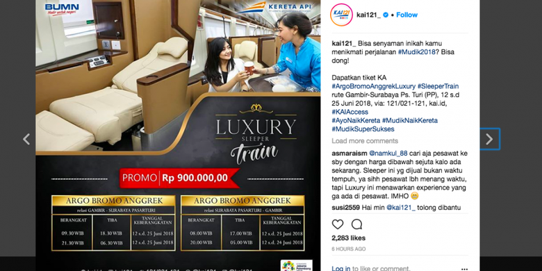 tiket Luxury Sleeper Train pertama sudah bisa dibeli, untuk periode 12-25 Juni 2018.