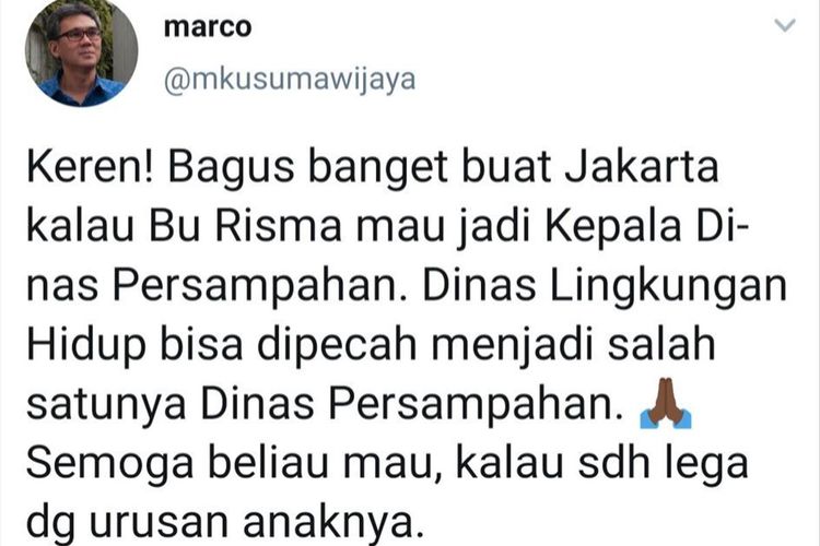 Cuitan Marco Kusumawijaya anggota TGUPP DKI Jakarta yang dinilai Pemkot Surabaya telah menyerang pribadi Wali Kota Surabaya Tri Rismaharini