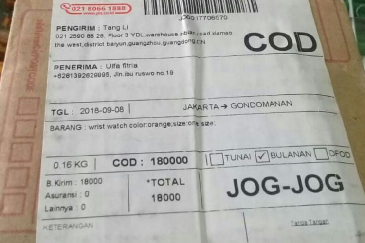 Paket misterius yang dikirimkan ke Jogja dengan asal pengirim dari China.