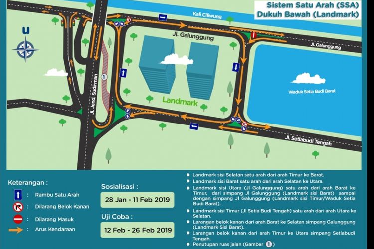 Ilustrasi percobaan sistem satu arah yang akan diberlakukan Pemprov DKI Jakarta pada Selasa (12/2/2019) di Kawasan Duku Bawah, Setia Budi, Jakarta Selatan