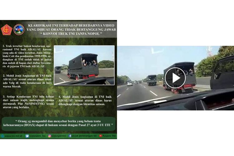 TNI mengklarifikasi video viral soal truk TNI tanpa nomor polisi.