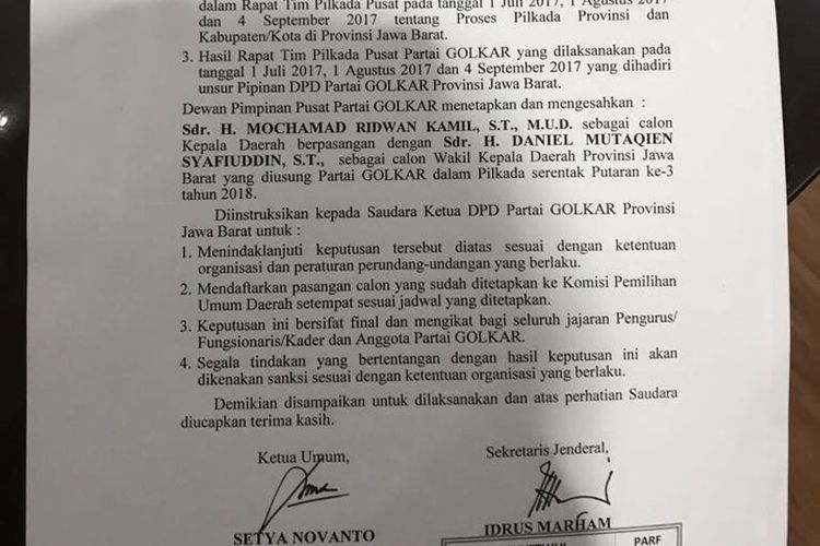 Beredar surat keputusan Golkar untuk mengusung Ridwan kamil dan Daniel Mutaqien untuk Pilkada Jawa Barat.