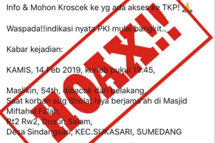 Kabar hoaks soal kasus pembunuhan di Sumedang biang kebangkitan PKI menyebar di media sosial. Kapolres Sumedang menegaskan kabar ini sebagai hoaks. Foto screenshoot AAM AMINULLAH/KOMPAS.com