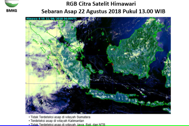 RGB citra satelit Himawari sebaran asap 22 Agustus 2018 pukul 13.00 WIB di wilayah Sumatera, Kalimantan, Jawa, dan Bali