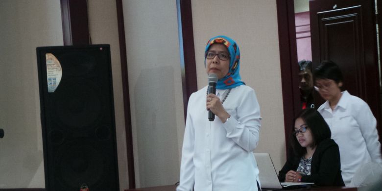 Direktur Utama PT Jasa Marga Desi Arryani, saat menyampaikan presentasinya, di Kementerian BUMN, Jakarta Pusat, Senin (29/5/2017).