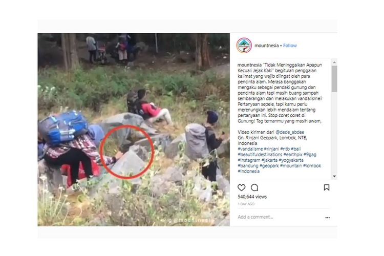 Viral sebuah video pendaki mencoret batu di Gunung Rinjani