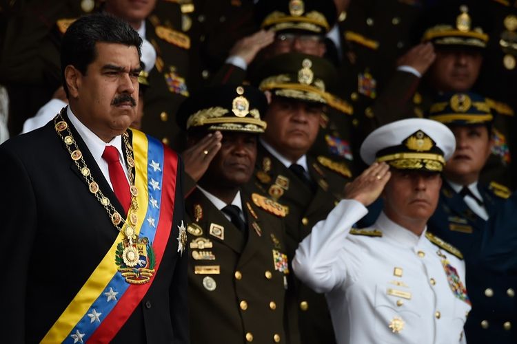 Presiden Venezuela Nicolas Maduro menghadiri upacara peringatan ulang tahun ke-81 Garda Nasional di Caracas, Sabtu (4/8/2018). 