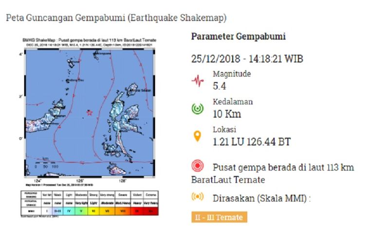Peta guncangan gempa Ternate Selasa (25/12/2018)