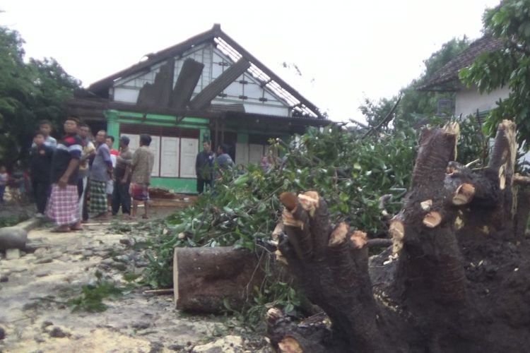 Dampak terjangan angin puting beliung di Desa Keras, Kecamatan Diwek, Kabupaten Jombang, Minggu (24/2/2019).
