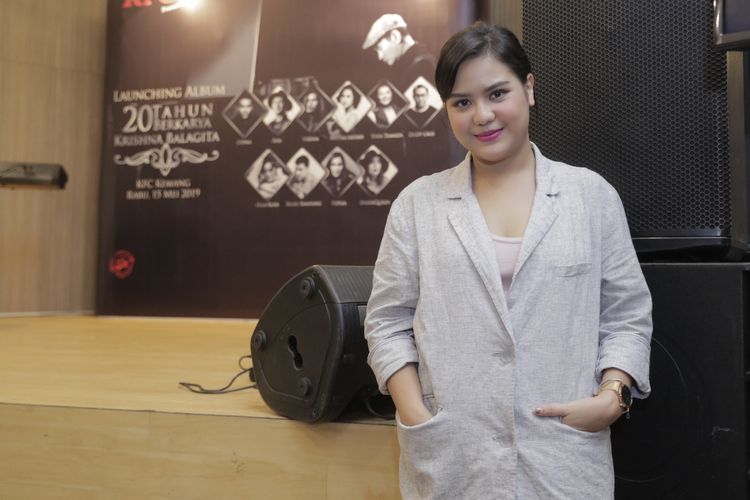 Mytha Lestari menghadiri peluncuran album bertajuk 20 Tahun Berkarya Krishna Balagita di kawasan Kemang Raya, Jakarta Selatan, Rabu (15/5/2019).