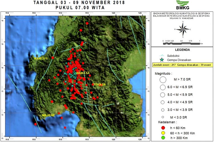 Peta dstribusi gempa bumi Mamasa dan sekitarnya, sejak tanggal 3 November sampai 9 November 2018 pukul 7.00 WITA
